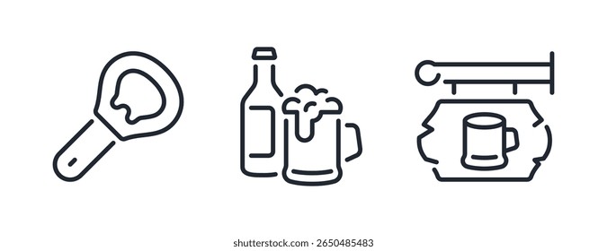 Beer glass, bottle opener and wooden brewery signboard editable stroke outline icons set isolated on white background flat vector illustration. Pixel perfect. 64 x 64.