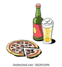 Beer glass and bottle, pizza. Vector 3d sketch line isometric, color icon illustration, flat style. Creative design idea and elements for infographics and website.