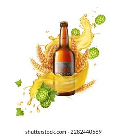 Beer glass bottle with beer splash, green hops and wheat ears ad. 3d graft ale package. Alcohol drink vector poster