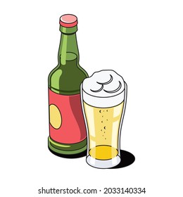 Botella de vidrio de cerveza. Línea de esbozo vectorial 3d isométrica, ilustración de icono de color, estilo plano. Idea de diseño creativo y elementos para infografías y sitios web.