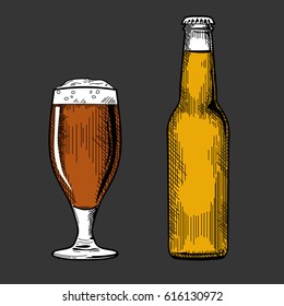 Beer glass and bottle. Vector vintage illustration isolated on grey background. Ink hand drawn style