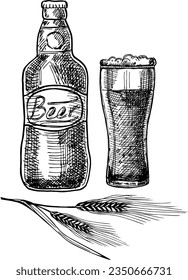 Beer glass and bottle. Vintage vector engraving illustration for web, poster, Oktoberfest party invitation. Sketch isolated on white background. Hand drawn design element isolated on white background.