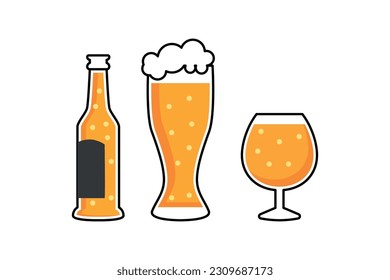 Vidrio de cerveza, botellas y tipos de latas. Diseño de caligrafía de cerveza artesanal y mínima ilustración vectorial plana de varias cervezas.