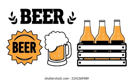 Beer glass and bottles. Craft beer calligraphy design and minimal flat vector illustration of different types of beers. Six packs in a wooden box. Oktoberfest equipment. restaurants illustration.