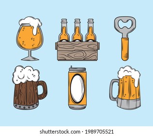 beer glass bottles and opener cartoon icons
