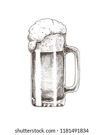 Beer glass brewery monochrome sketch outline. Alcoholic drinks booze hand drawn foamy ale in mug. Traditional taste of beverage vector illustration