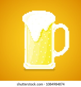 Beer glass with bubbles. Pixel 8 bit design. Vector illustration