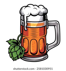 Beer glass and cannabis leaf hand drawing flat color vector clipart illustration.