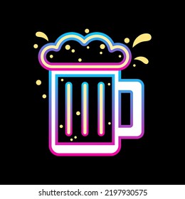 Beer glass cheers drinking alcohol party neon light glowing on black background flat vector icon design.