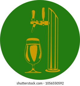 Beer glass in a circle and a beer faucet on a green background