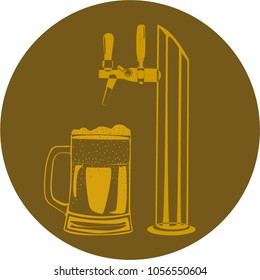Beer glass in a circle and a beer faucet on a brown background