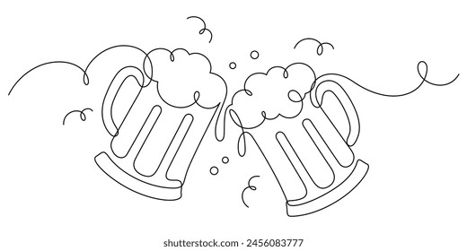 beer glass clinking in one line drawing funny and happy hour party celebration thin line continuous vector