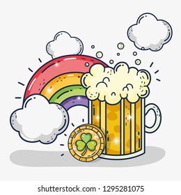 beer glass with clover coin and rainbow