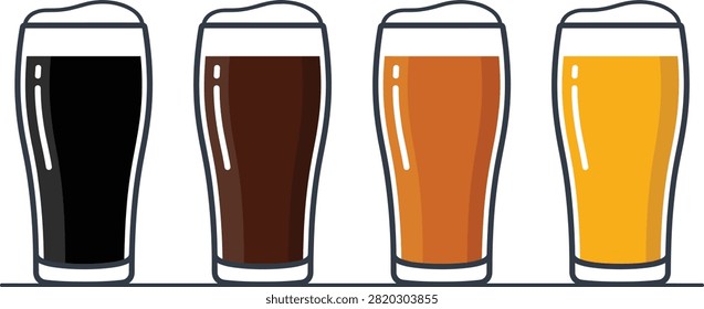 Beer glass collection featuring dark stout, amber ale, lager, and wheat beer isolated on white background, pub menu