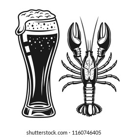 Beer glass and crayfish vector monochrome vintage objects isolated on white background