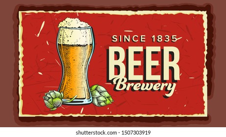 Beer Glass Cup Brewery Advertising Poster Vector. Full Cup With Foam Alcoholic Drink And Green Bullion Hops On Promotional Banner Of Tavern. Designed Label Beverage Flat Cartoon Illustration