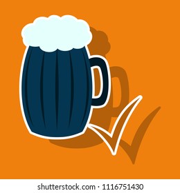 Beer in glass cup, refreshing drink with white foam in sticker illustration, splashing beer