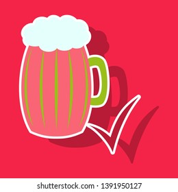 Beer in glass cup, refreshing drink with white foam in sticker illustration, splashing beer