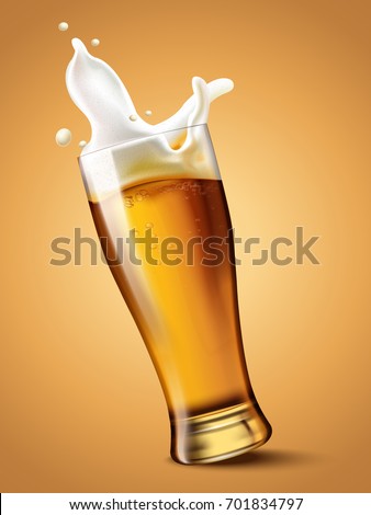 Beer in glass cup, refreshing drink with white foam in 3d illustration, splashing beer
