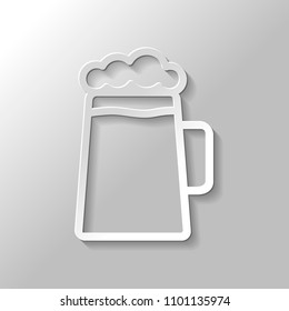 Beer glass cup. Simple linear icon with thin outline. Paper style with shadow on gray background