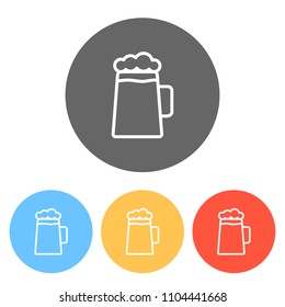 Beer glass cup. Simple linear icon with thin outline. Set of white icons on colored circles