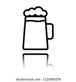 Beer glass cup. Simple linear icon with thin outline. Black icon with mirror reflection on white background