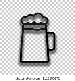 Beer glass cup. Simple linear icon with thin outline. Black glass icon with soft shadow on transparent background