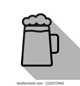 Beer glass cup. Simple linear icon with thin outline. Black object with long shadow on white background