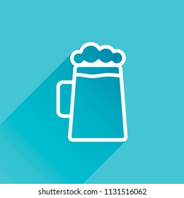 Beer glass cup. Simple linear icon with thin outline. Gray icon with long shadow in bottom left corner on blue background