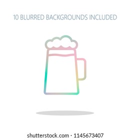 Beer glass cup. Simple linear icon with thin outline. Colorful logo concept with simple shadow on white. 10 different blurred backgrounds included
