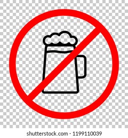 Beer glass cup. Simple linear icon with thin outline. Not allowed, black object in red warning sign with transparent background