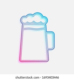 Beer glass cup. Simple linear icon with thin outline. Colored logo with diagonal lines and blue-red gradient. Neon graphic, light effect