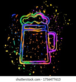 Beer glass cup. Simple linear icon with thin outline. Colored ink with splashes on black background