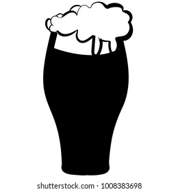 Beer glass with dark, black, tasty, aromatic, craft beer, stout, porter, thick, thick foam draining along the edges on a white background. Black and white vector illustration.