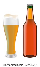 Beer in glass and dark bottle of beer on a white background