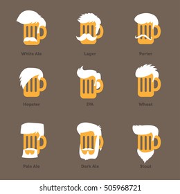 Beer glass with different foams associated with characters / barflies. Beer types stylized vector illustrations. 