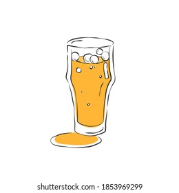 Beer glass. Drink element. Color object. Wineglass beverage, design for any purposes. Hand draw icon. Restaurant illustration. Simple sketch. Isolated on white background in engraving style. Vector.
