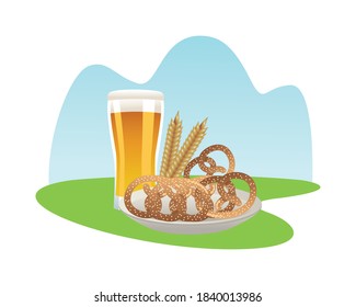 beer glass drink with pretzels and barley spikes vector illustration design