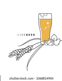 Beer glass, ears of wheat and hops. Vector illustration in a modern linear style.