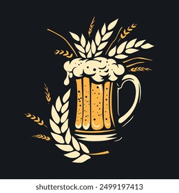 Beer in a glass and ears of wheat, refreshing drink. International Beer Day. Emblem brewery design. Vector flat illustration isolated on black background. 