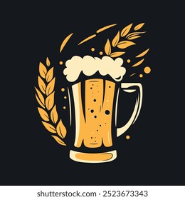 Beer in a glass and ears of wheat, refreshing drink. International Beer Day. Emblem brewery design. Vector illustration isolated from background. Oktoberfest, world largest beer festival in Germany.