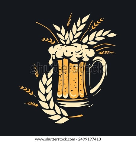 Beer in a glass and ears of wheat, refreshing drink. International Beer Day. Emblem brewery design. Vector flat illustration isolated on black background. 