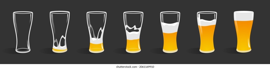 Beer in glass from empty to full.