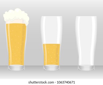 A beer glass, an empty and full beer glass. A glass of beer. Flat design, vector illustration, vector.