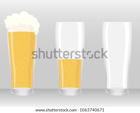 A beer glass, an empty and full beer glass. A glass of beer. Flat design, vector illustration, vector.