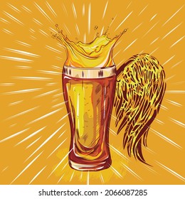 Beer glass exploding high impact, Cold beer with foam, wings effect.