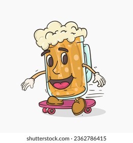 beer glass with face mascot fun skateboarding vector illustration