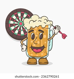 beer glass with face mascot playing dart game vector illustration