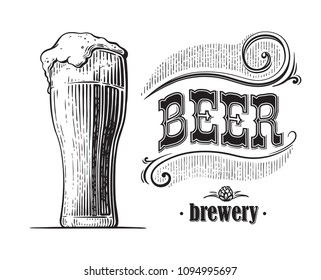 beer glass filled with beer. Vintage vector engraving sketch illustration for web, poster, invitation to party. Hand drawn design element isolated on white background.