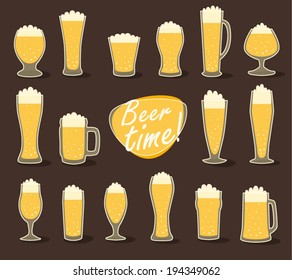 Beer in glass, flat icon set, vector illustration